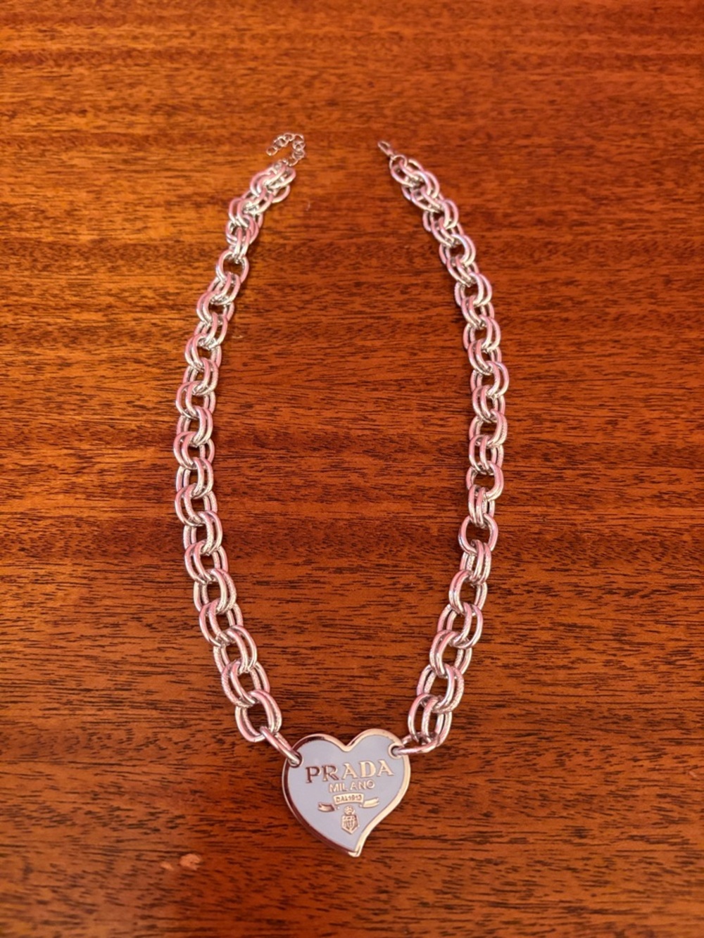 Prada Silver Chain Necklace with Light Blue Heart Pendant - Picture 2 of 6